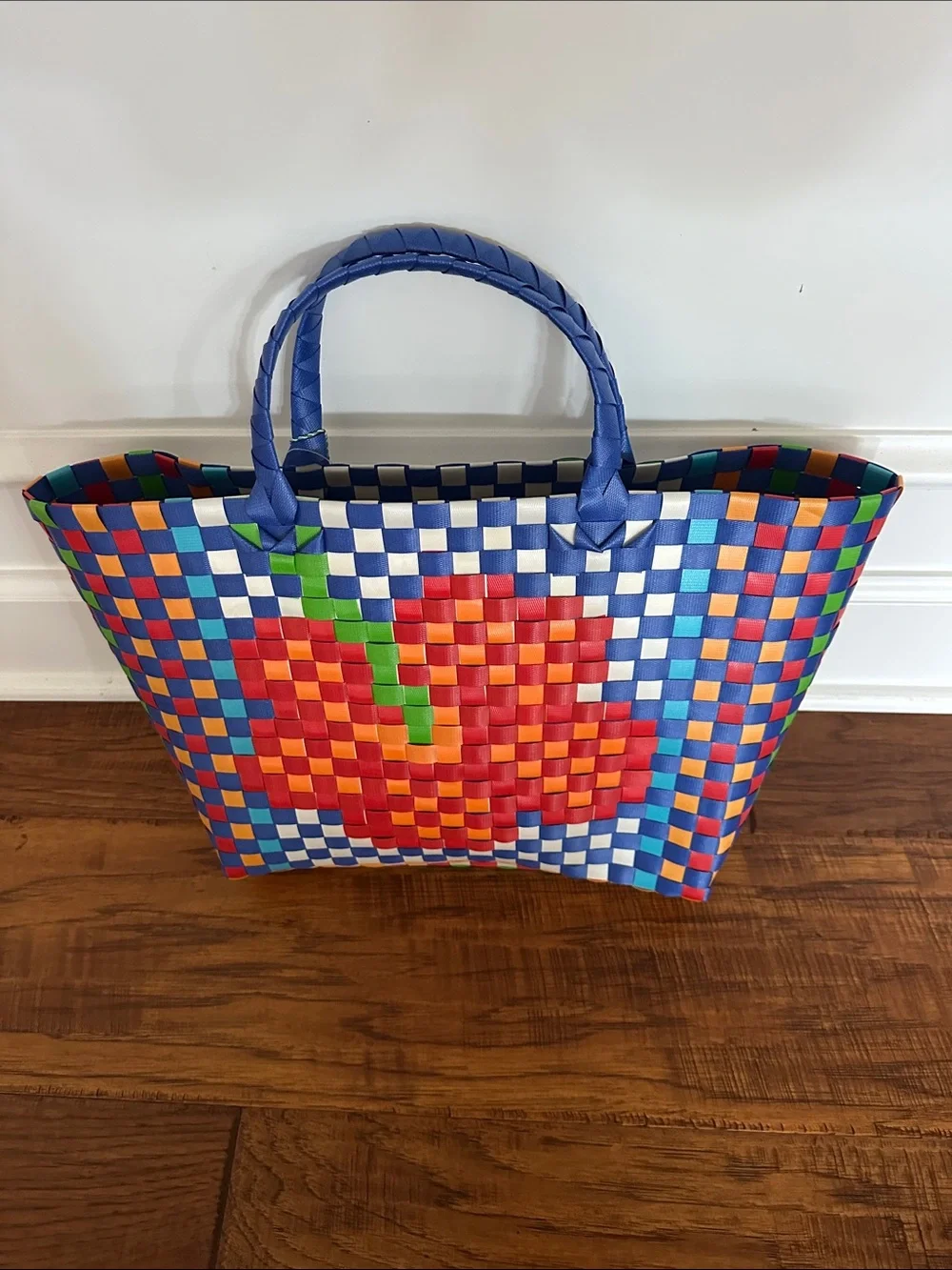 NWT FARM Rio Blue Checkered Woven Tote with Red Floral Motif
